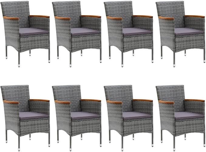 9-Piece Outdoor Dining Set in Grey and Brown with Square Table and 8 Armchairs, Durable Poly Rattan and Acacia Wood Furniture for Patio, Weather-Resistant Comfort Seating