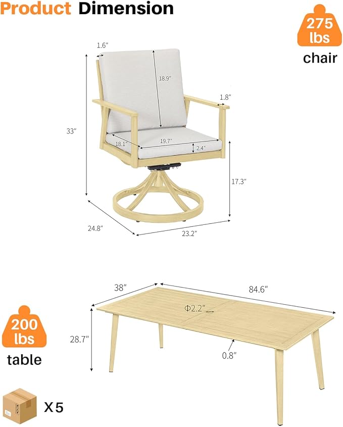 9 Pieces Outdoor Dining Set, Never-Rust Aluminum Patio Swivel Dining Set with Umbrella Hole, 360° Rotation Outdoor Patio Furniture Set, 8 Swivel Chairs and Table for Garden, Yard, Maple Wood