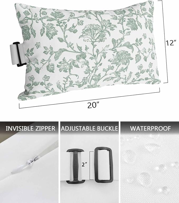 Pack of 4 Outdoor Lumbar Pillow Covers 12x20 Inch, Green Flower Waterproof Throw Pillow Covers Set, Farmhouse Vintage Boho Leaf Spring Indoor&Outdoor Decorative Cushion Cases for Patio Porch Beach
