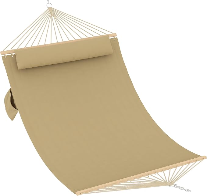 Hammocks 12 FT Double Quilted Fabric Hammock with Spreader Bar and Detachable Pillow, 2 Person Hammock for Outdoor Patio Backyard Poolside, 450lbs Weight Capacity