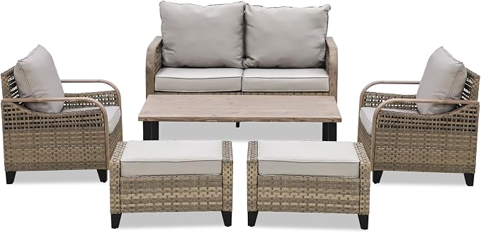 EAGLE PEAK Modern Wicker Outdoor Patio Furniture Set, Patio Conversation Set, 2 Chairs, 2-Seat Loveseat, 2 Ottomans and Coffee Table, 6 Pieces, Brown/Gray