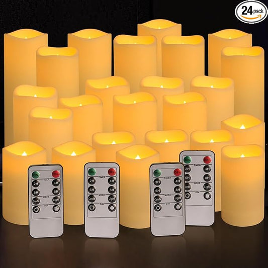 YOROXRG Set of 24 Waterproof Outdoor Flameless Candles, LED Candles with 4 Remote and Timer,(H 4" 5" 6" x D 2.2"),for Christmas,Halloween,Wedding,Festival