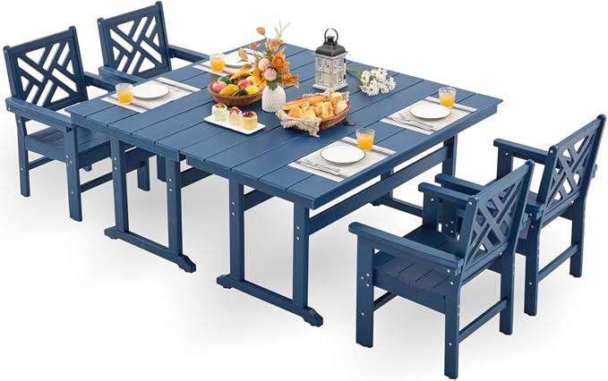 HDPE Outdoor Dining Set,6-Piece Outdoor Table and Chairs Include 4 Dining Chairs and 2 Pcs 62.5" Patio Dining Table with Umbrella Hole (Blue)