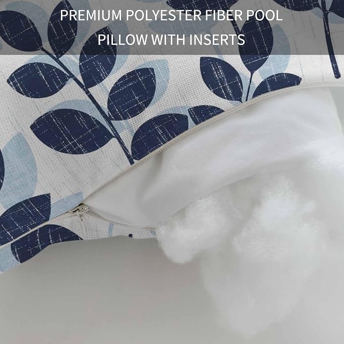 Chaise Lounge Headrest Pillow 1 Pack, Navy Blue Leaves Waterproof Chair Pillows with Insert & Adjustable Elastic Strap for Beach Recliner, Summer Farmhouse Botanical Boho Branch Outdoor Patio Pillow
