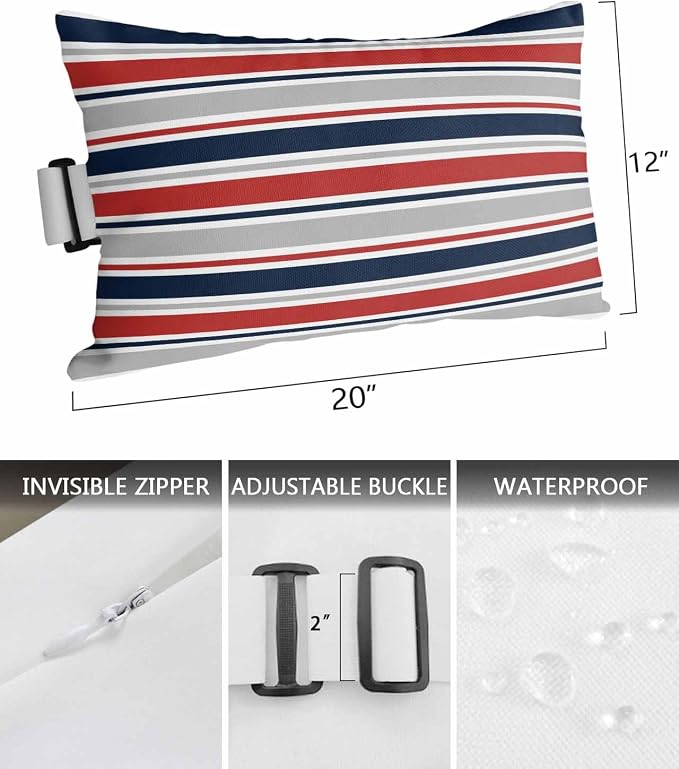 Pack of 2 Outdoor Lumbar Pillow Covers 12x20 Inch, Red Navy Blue Striped Waterproof Throw Pillow Covers Set, Farmhouse Stripes Modern Abstract Art Outside Decorative Cushion Cases for Patio Porch Car