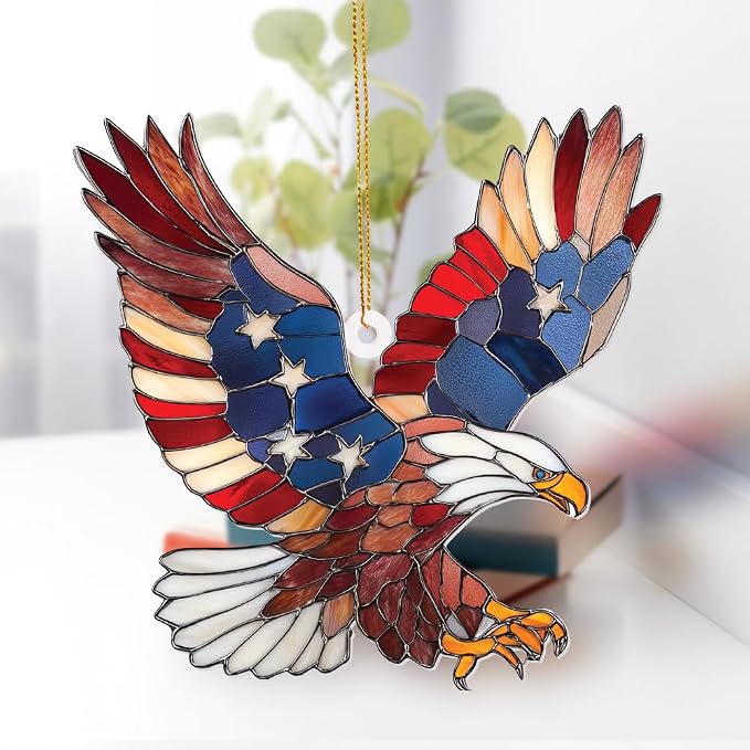 Bald Eagle Patriotic Ornament – Stained Glass American Flag Suncatcher, Acrylic Hanging Decor, USA Pride Home Office Gift, Veterans Independence Day & 4th of July Christmas Tree Ornament (Sun-11)