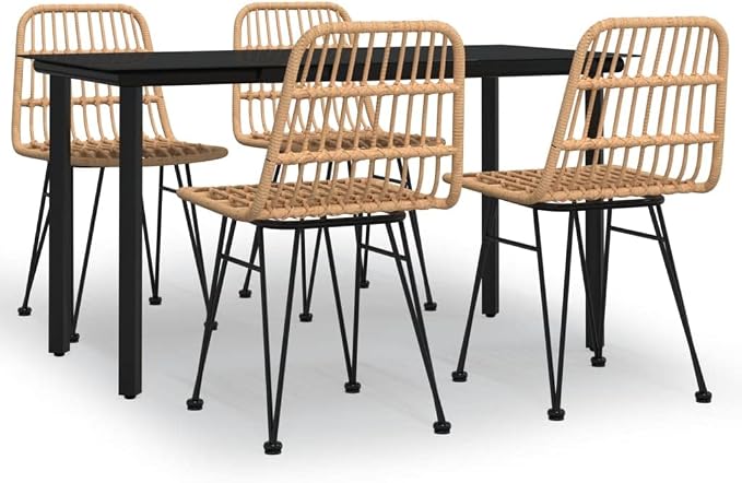 5 Piece Outdoor Patio Dining Set, Poly Rattan Bistro Furniture with Tempered Glass Table and 4 Chairs for Garden Backyard Poolside