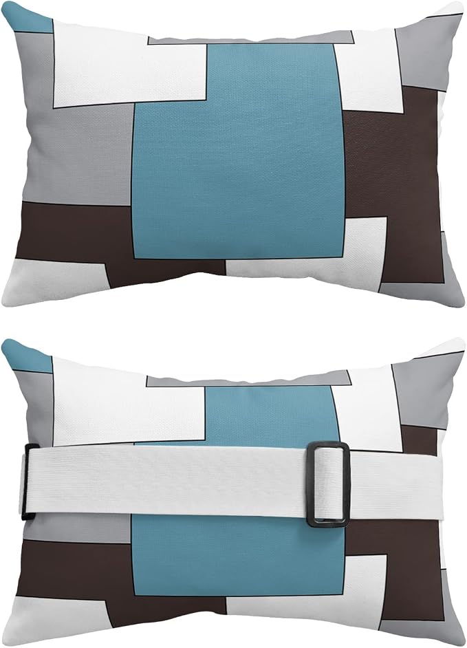 Outdoor Pillows Covers with Inserts Mid Century Absrtact Geometric Blue Brown Gery Waterproof Pillow with Adjustable Strap Throw Pillows for Patio Furniture Recliner Lounge Chair, 11x16 inch, 1PCS