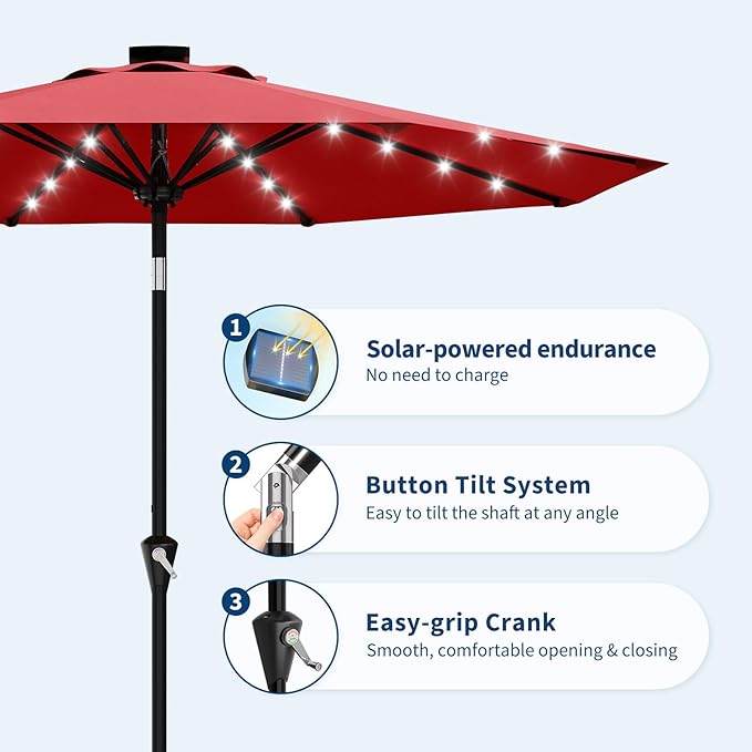 Garvee 9/10 FT Solar Patio Umbrella with 32 LED Lights - Outdoor Table Umbrella with Crank Lift, Push Button Tilt and 8 Sturdy Ribs - Market Umbrella UV Protection for Pool, Deck, Yard, Garden