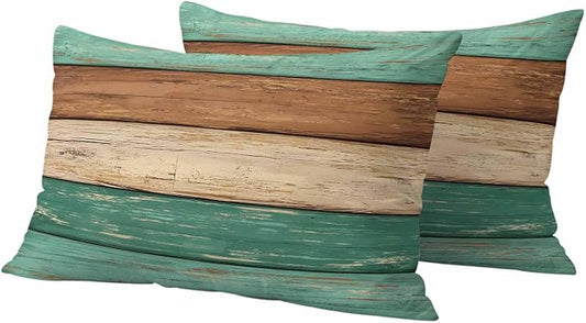 Farmhouse Teal Brown Outdoor Waterproof Pillow Covers, Vintage Wooden Striped Decorative Rectangle Throw Pillowcase Sofa Cushion Sham for Patio/Couch/Chair, 20"x12" 2 Pack