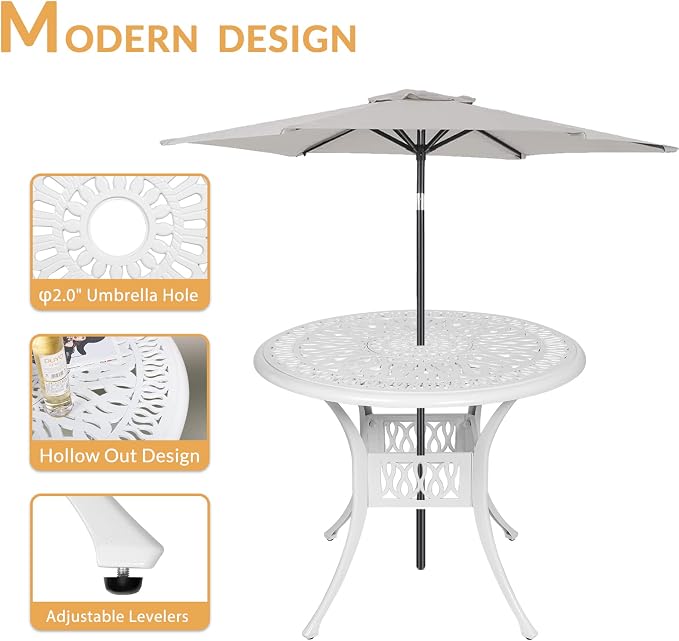 5-Piece Outdoor Patio Dining Set, All-Weather Cast Aluminum Patio Furniture Set for Backyard Garden Deck with 4 Chairs, 4 Cushions and 35.4” Round Table, 2.2" Umbrella Hole, White