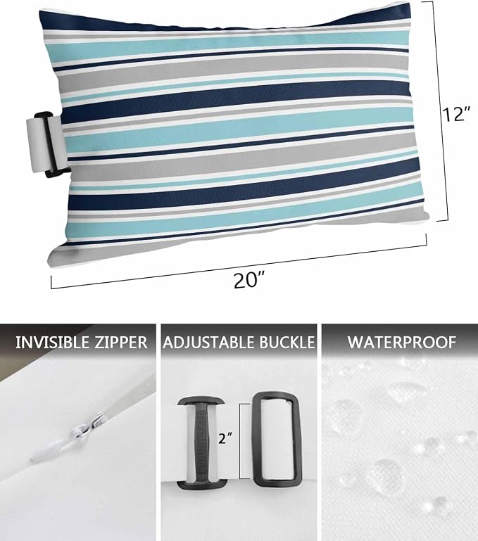 Pack of 2 Outdoor Lumbar Pillow Covers 12x20 Inch, Grey Blue Striped Waterproof Throw Pillow Covers Set, Farmhouse Stripes Abstract Art Navy Blue Outside Decorative Cushion Cases for Patio Porch Car