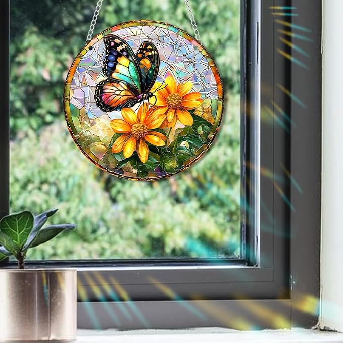 Acrylic Suncatcher Window Hanging, Butterfly & Flower Sun Catcher Rainbow Indoor Window Decoration for Living Room Bedroom Summer Home Balcony Ornaments, 7.87 inches