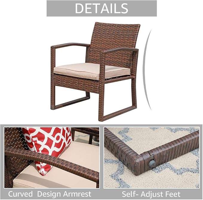 Patiorama 3 Pieces Outdoor Patio Furniture Set, Outdoor Wicker Conversation Set, Patio Rattan Chair Set, Modern Bistro Set with Coffee Table, Garden Balcony Backyard Poolside (Brown)