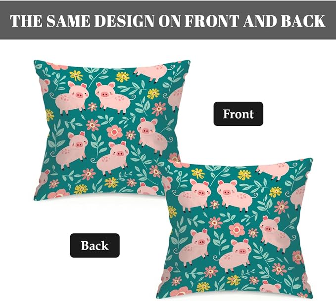16x16 Inch Outdoor Pillow Covers Set of 2 Waterproof Throw Pillow Covers Decorative Couch Cushion Covers Pigs Green Leaves Square Pillowcases Protectors for Patio Garden Sofa
