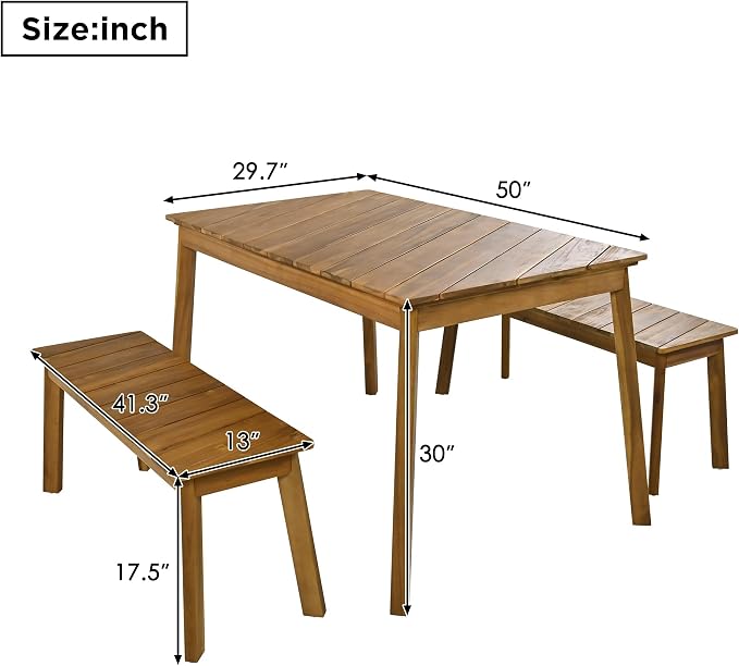 LUMISOL 3 Pieces Outdoor Dining Table Set, Acacia Wood Dining Table Set with 2 Benches for 4 Persons, Picnic Beer Table for Patio, Porch, Garden, Poolside, Natural