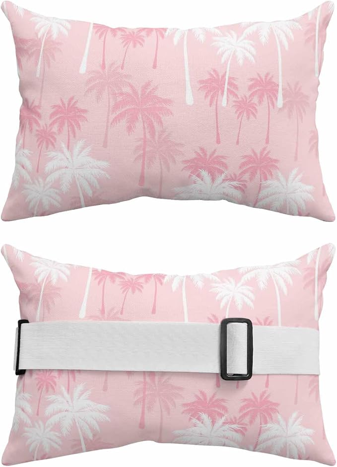 Tropical Palm Tree Outdoor Pillows for Chaise Lounge Chair Waterproof Lumbar Pillows with Insert&Adjustable Elastic Strap Beach Headrest Pillow Pink White Plants Coastal Leaf Beach Pool Pillow 12"x20"