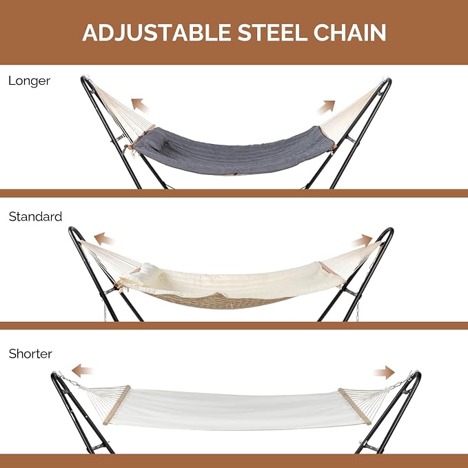 Double-Layer Hammock with Stand, 440 lb Capacity, Beige | Anti-Rust Steel Frame, Adjustable Steel Chains, 195 x 140 cm Bed, Anti-Tip Design, Indoor & Outdoor Use