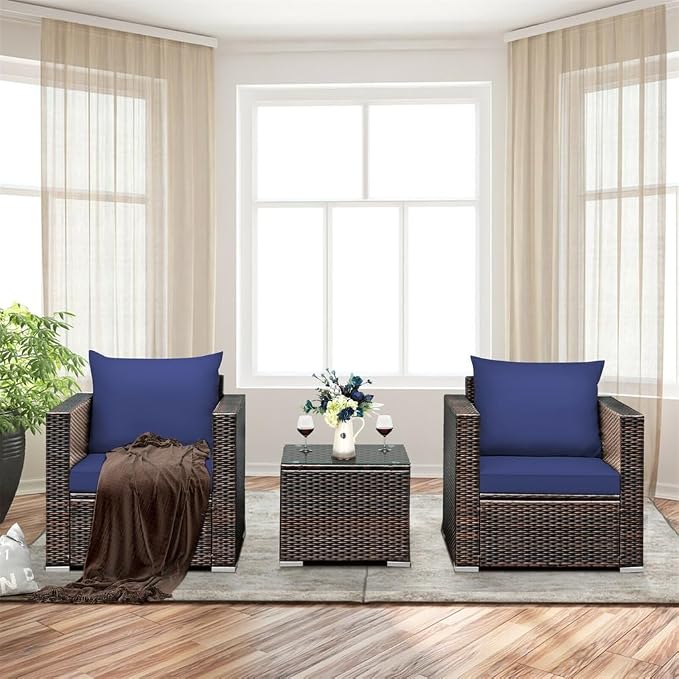 3PCS Patio Rattan Furniture Set Conversation Sofa Cushioned Navy