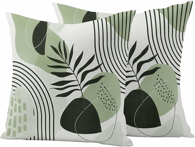 Sage Green Bohemian Outdoor Pillow Covers Set of 2 Abstract Geometric Black Lines Leaves Waterproof Throw Pillow Cover Decorative Cushion Cases for Patio Porch Garden 20X20 Inch