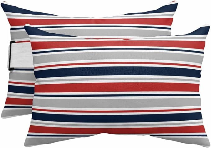 Pack of 2 Outdoor Lumbar Pillow Covers 12x20 Inch, Red Navy Blue Striped Waterproof Throw Pillow Covers Set, Farmhouse Stripes Modern Abstract Art Outside Decorative Cushion Cases for Patio Porch Car