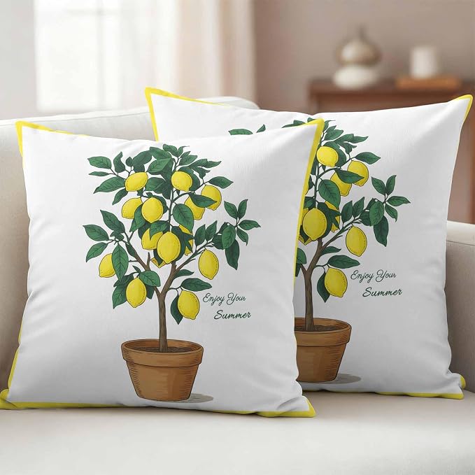Outdoor Waterproof Throw Pillow Covers, Summer Lemon Decorative Pillow Cases, Yellow Potted Plant Green Botanical Couch Pillow Protector Patio Sofa Cushion Covers Replacement 16"x16" 2 Pack