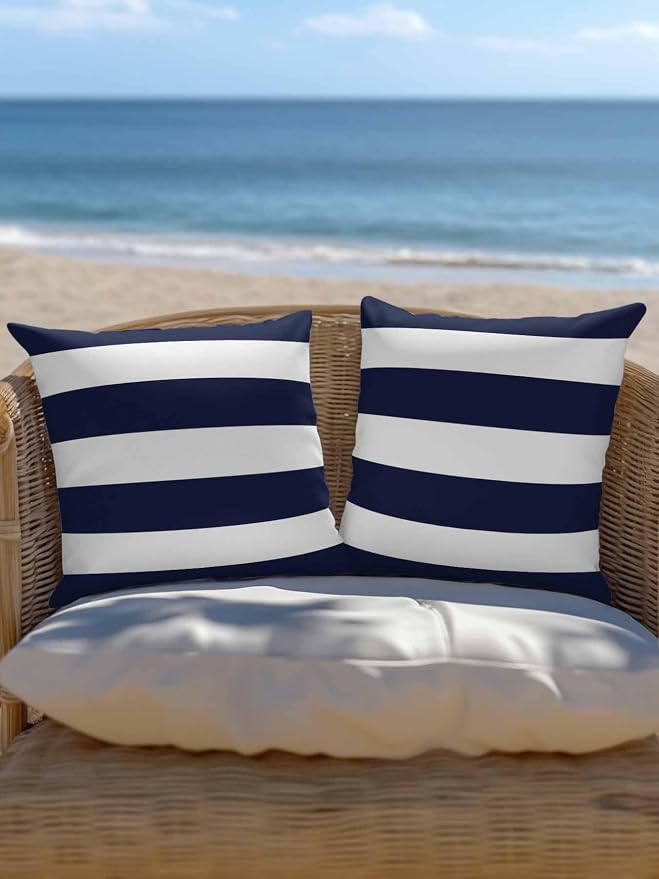 Waterproof Outdoor Pillow 1 Pack Navy Blue Stripe Decorative Throw Pillows Cover & Insert 16x16 Inch Pillowcase Simple Style White Striped Pillows for Couch Sofa Bed Patio Furniture Indoor Outdoor