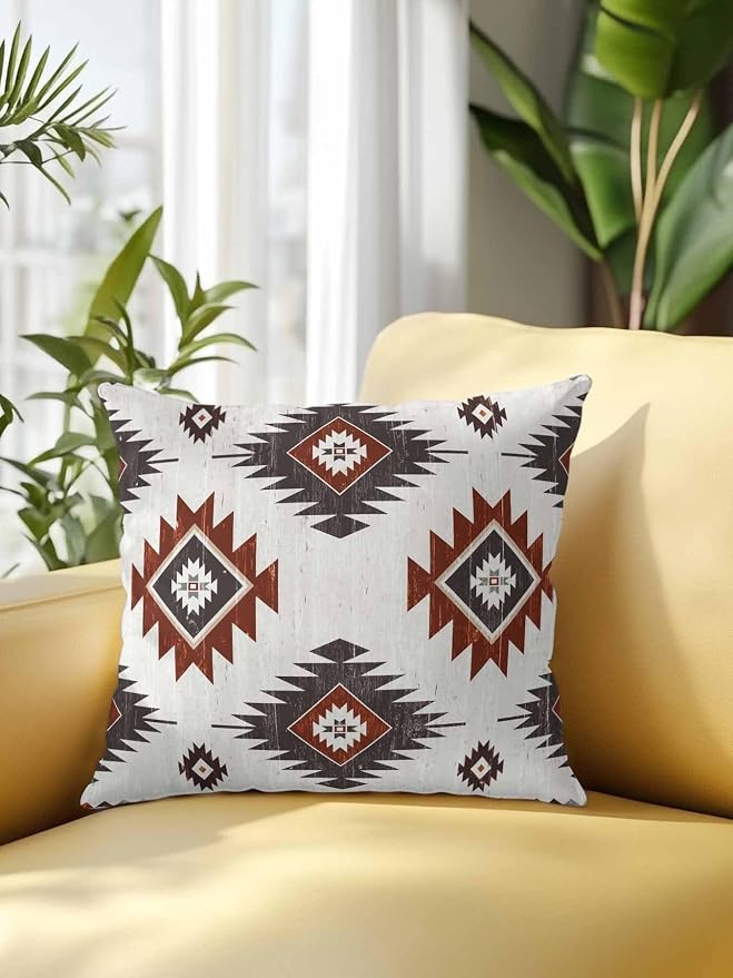 Waterproof Outdoor Pillow 1 Pack Red Brown Boho Aztec Decorative Throw Pillows Cover & Insert 16x16 Inch Pillowcase Southwest Tribal Style Pillows for Couch Sofa Bed Patio Furniture Indoor Outdoor