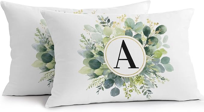 Letter A Waterproof Outdoor Pillow Covers Set of 2 Home Decor, Alphabet Green Eucalyptus Leaves Lumbar Pillowcase Patio Pillow Covers for Couch Bench Patio Furniture Garden 20x12in