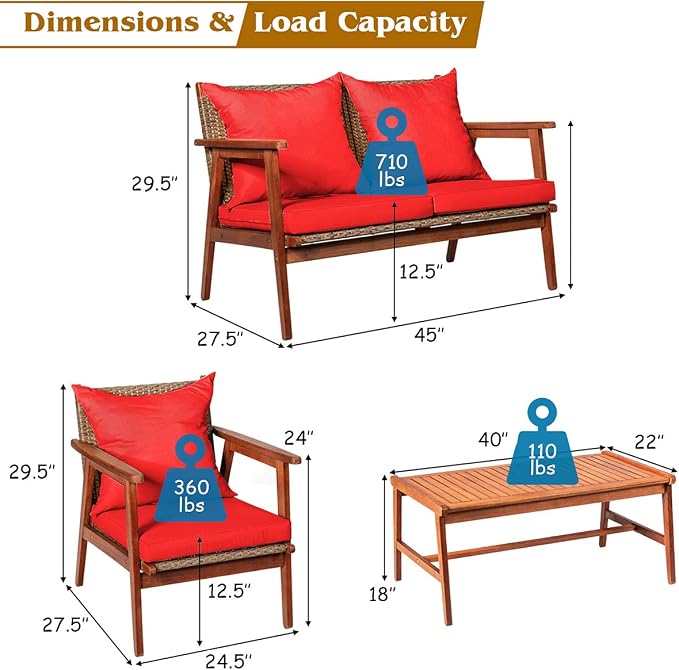 Tangkula 4 PCS Patio Wood Sofa Set, Outdoor Acacia Wood Seating Chat Set with Cushions & Coffee Table, Sectional Conversation Sofa Set for Garden, Backyard, Poolside (1, Red)