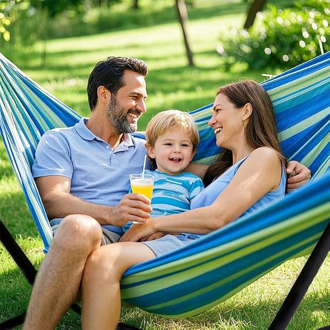 ANAGOO Double Hammock with Stand, 2 Person Hammock with Carrying Bag,Heavy Duty Portable,500 lb Capacity, Perfect for Both Indoors and Outdoors，Ocean Breeze