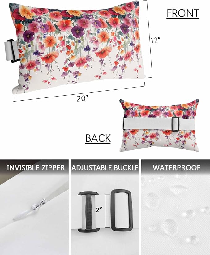 Pack of 2 Outdoor Lumbar Cushions with Inserts, Modern Colorful Flowers Watercolor Vine Texture Waterproof Fluffy Fade Body Pillows, Patio Furniture Pillow for Home Balcony Garden Decor 12x20IN