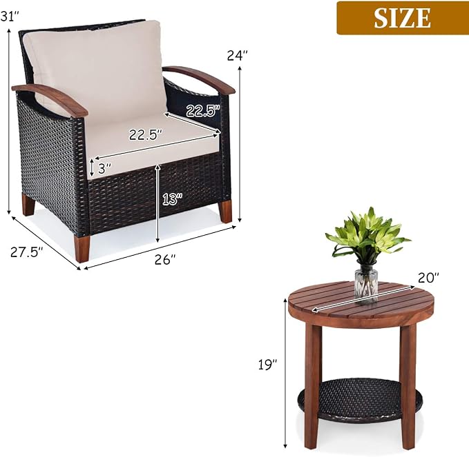 COSTWAY 3PCS Patio Rattan Furniture Set, Outdoor Solid Wood Frame Cushion Sofa with Round Table for Garden Porch Backyard Poolside (Beige)