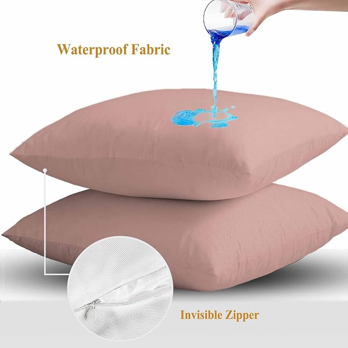 Throw Pillow Covers 16x16 Inch Set of 2, Pink Pure Color Waterproof Outdoor Pillow Covers, Aesthetics Contemporary Luxury Decorative Cushion Pillowcases for Couch, Sofa, Bed, Garden, Patio