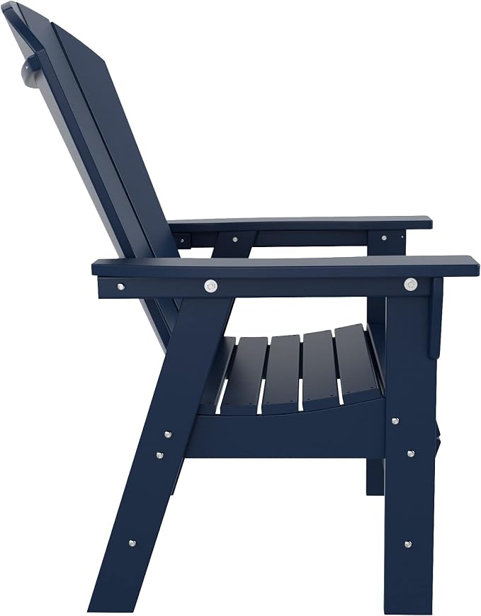 WestinTrends Malibu 7 Piece Adirondack Outdoor Dining Set, All Weather Poly Lumber Patio Table and Chairs Furniture Set, 71" Trestle Dining Table and 6 Adirondack Dining Chair, Navy Blue