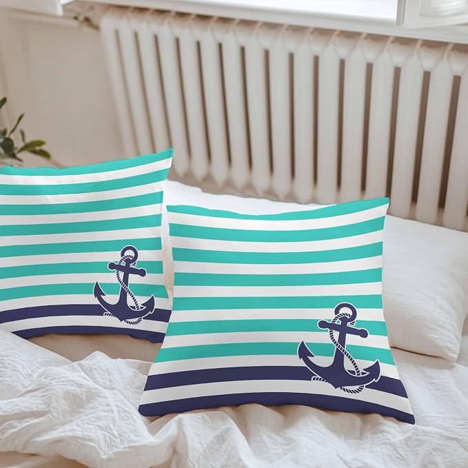 Throw Pillow Covers 20x20 Inch Set of 2, Anchor Turquoise Waterproof Outdoor Cushion Covers, Modern Navy Blue White Striped Nautical Decorative Pillowcases for Couch, Sofa, Bed, Garden, Patio