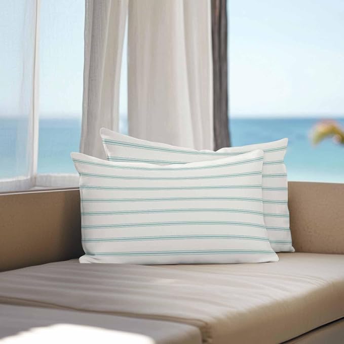 Vandarllin Outdoor Throw Pillows Covers 20x12 inch Set of 2 Waterproof Teal Blue Stripes Decorative Zippered Cushion Covers for Patio Furniture, Abstract Lines Striped Lumbar Pillowcases