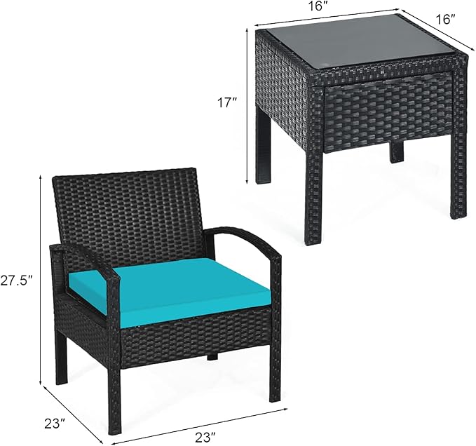Hysache 3 Piece Patio Furniture Set, PE Rattan Conversation Set w/Washable & Removable Cushion, Coffee Table w/Storage Space, Wicker Sofa Set for Garden Poolside Balcony (Turquoise)