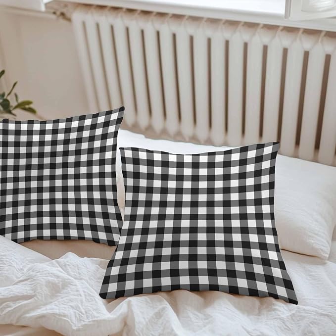 Outdoor Waterproof Throw Pillow Covers Set of 2 Black White Buffalo Plaid Pillowcases 18x18 Inches Pastoral Checked Decorative Pillows Cushion Case Patio Pillows for Couch Bed Chair Garden