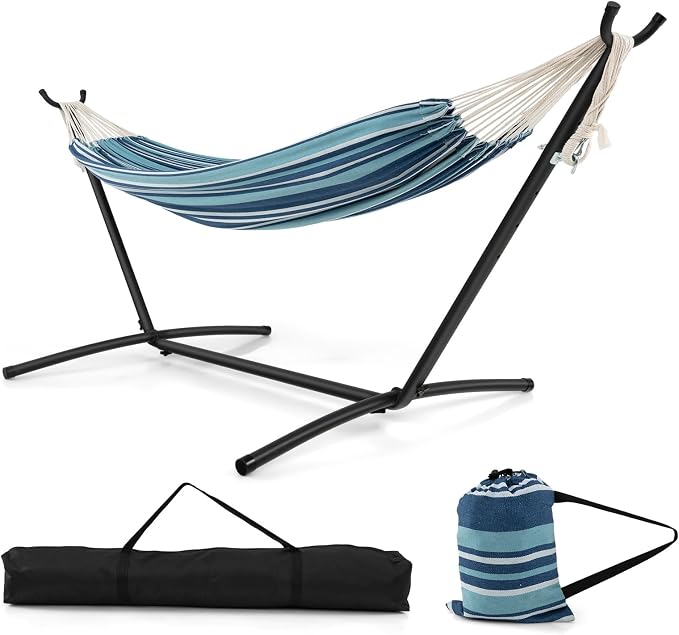 Giantex Hammock with Stand for Outside, 2-Person Double Hammock with Space Saving Metal Stand, Carrying Cases, Brazilian-Style Portable Hammock for Patio Garden Camping Lounging Outdoor & Indoor, Blue