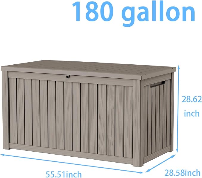 AmaVins Outdoor Storage Box, 180 Gallon Deck Box Indoor and Outdoor Use, Waterproof Resin Storage Bin for Package Delivery, Patio Cushions, Gardening Tools, Lockable, UV Resistant, Light Coffee