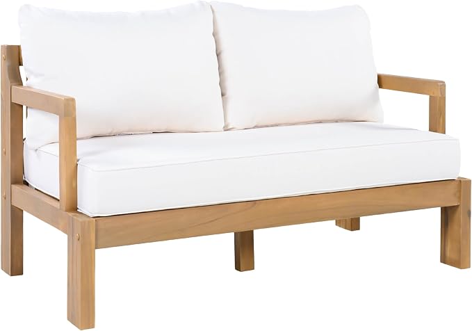 Christopher Knight Home Bayah Acacia Wood Outdoor Loveseat and Coffee Table Set, 2 Piece Patio Furniture Set with Water-Repellent Cushion, Solid Wood Outdoor Conversation Set, Beige+Natural