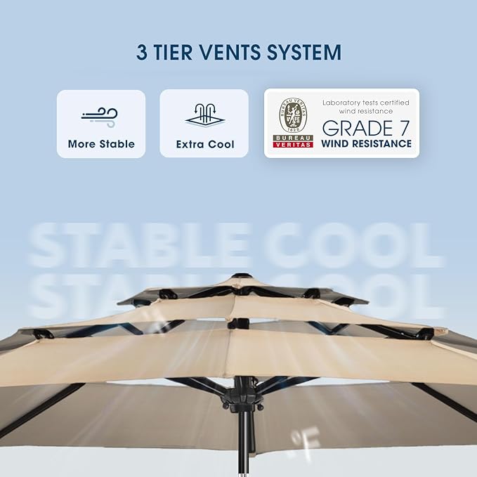 wikiwiki 9ft 3-Tier Patio Umbrella Outdoor Table Market Umbrella for Patio with Push Button Tilt/Crank, Fade Resistant Waterproof POLYESTER Canopy for Garden, Lawn, Deck, Backyard & Pool, Beige