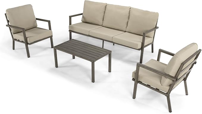 HAPPATIO Aluminum Patio Furniture Set, 4 Pieces Conversation Set with Thick Cushions and Coffee Table, All Weather 3-Seat Sofa Waterproof and Rustproof for Garden, Backyard, Porch, Grey