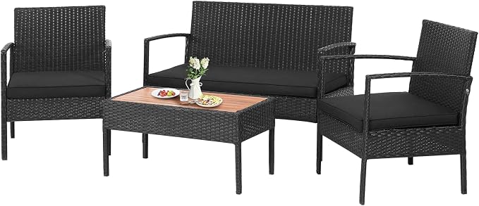 Tangkula 4 Piece Patio Rattan Conversation Set, Outdoor Wicker Sofa Furniture with Loveseat & 2 Single Chairs, Acacia Wood Tabletop, Outside Sectional for Poolside, Deck, Garden (1, Black)
