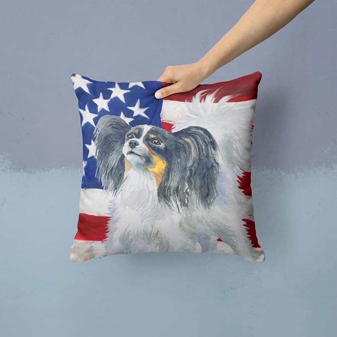 Caroline's Treasures BB9657PW1414 Papillon Patriotic Fabric Decorative Pillow Machine Washable, Indoor Outdoor Decorative Pillow for Couch, Bed or Patio, 14Hx14W
