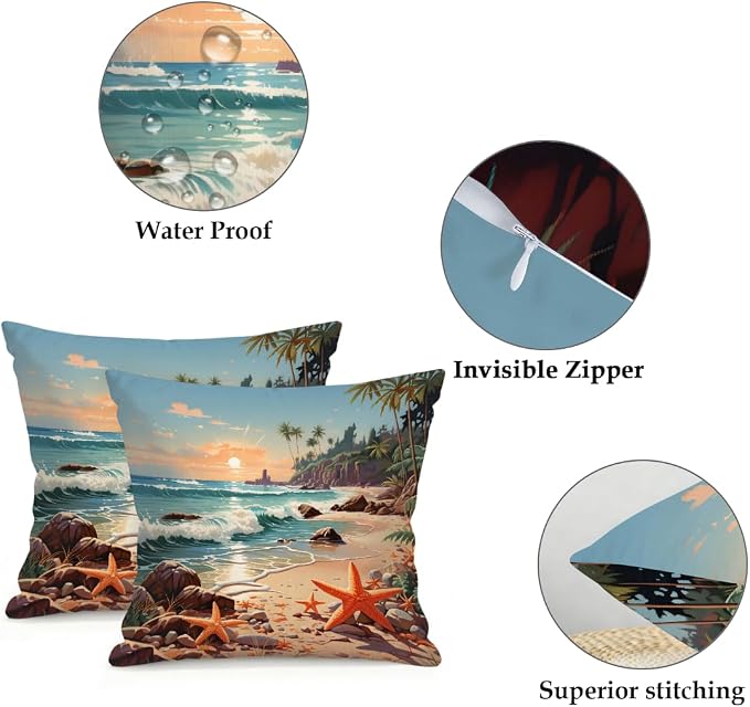18x18 Inch Outdoor Pillow Covers Set of 2 Waterproof Throw Pillow Covers Decorative Couch Cushion Covers Beach Seaside Starfish Square Pillowcases Protectors for Patio Garden Sofa