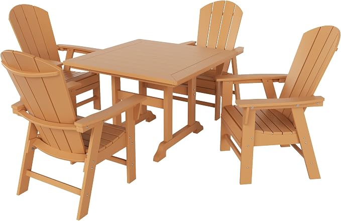 WestinTrends Malibu 5 Piece Adirondack Outdoor Dining Set, All Weather Poly Lumber Patio Table and Chairs Furniture Set, 43" Trestle Square Dining Table and 4 Adirondack Dining Chair, Teak
