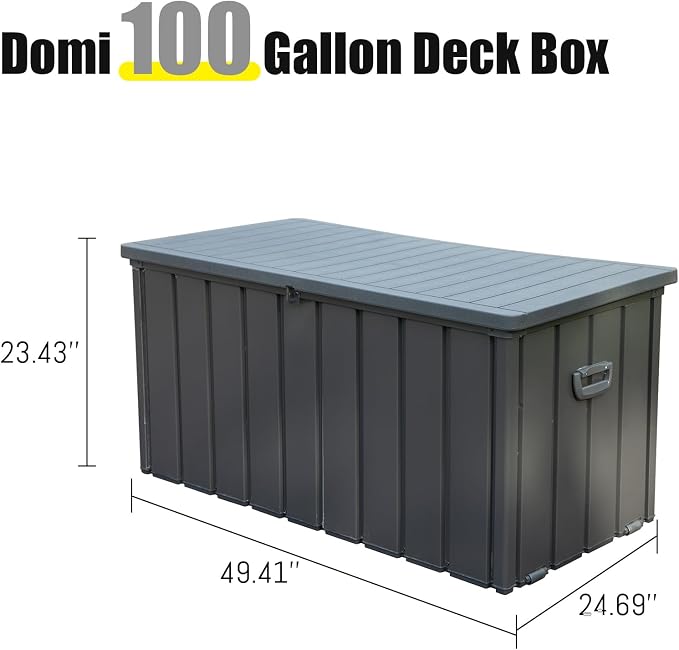 Domi Deck Box Outdoor Storage Box 100 Gallon, Large Metal Storage Cabinet with Resin Lid, Waterproof Lockable Patio Storage Box for Cushions Garden Tools Pool-Supplies, Dark Grey