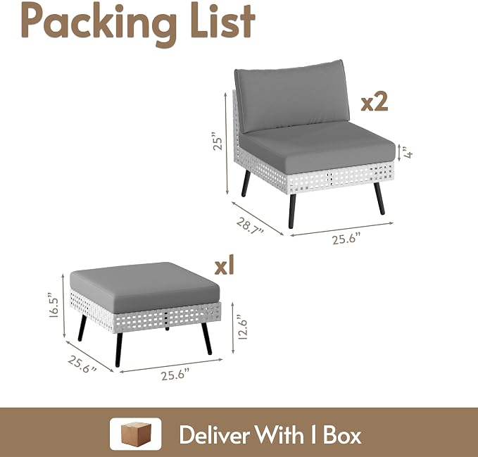 3 Piece Patio Furniture Sets, Modular Patio Sectional Conversation Sets with Upgraded Cationic Fabric Cushions & Outdoor All-Weather Handwoven Open Weave Wicker for Garden, Poolside, Backyard